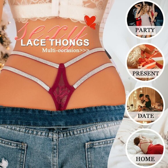 🆕Women’s Wine Red Glitter Lace Breathable Strappy Sexy Underwear Panties 257 - Picture 6 of 6
